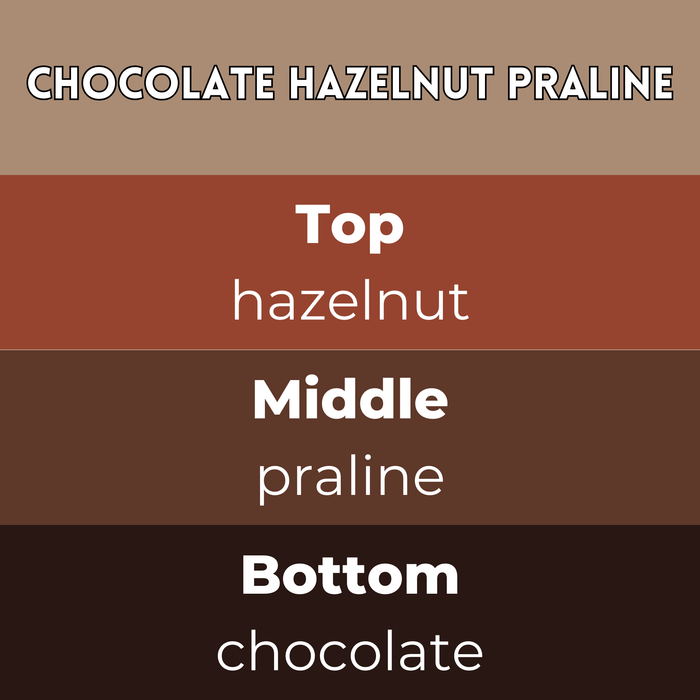 Chocolate Hazelnut Praline wax melt scent card with hazelnut top, praline middle and chocolate base notes on rich brown colour bands