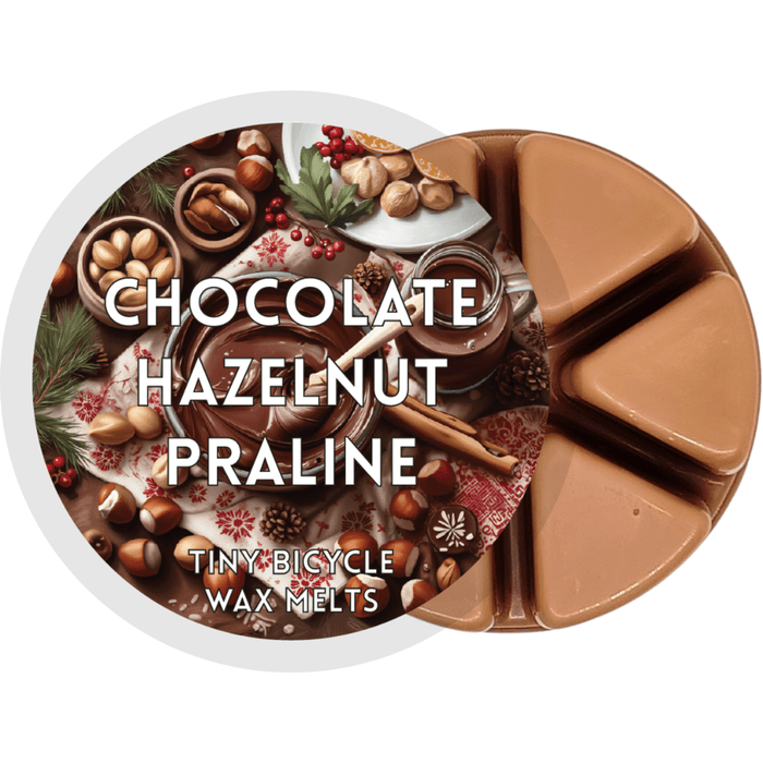 Chocolate hazelnut praline segmented wax melt pot with festive dessert artwork