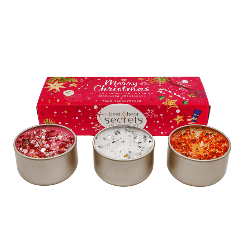 Festive candle trio with red Merry Christmas gift box: Cranberries & Orange, Snowflake and Warm Gingerbread, 30 hours total burn.