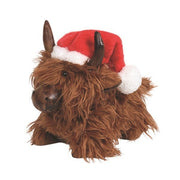 Fluffy Highland cow doorstop with Santa hat, 23x28cm, on white background.