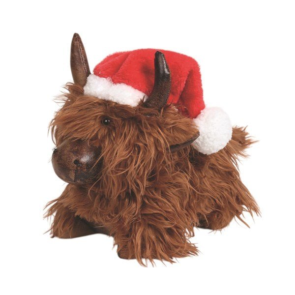 Fluffy Highland cow doorstop with Santa hat, 23x28cm, on white background.