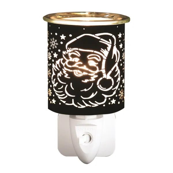 Plug-in wax melt burner with glowing black and gold Santa silhouette, 13cm