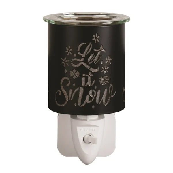 Plug-in Let It Snow silhouette wax melt burner in black and gold, unlit, 13cm
