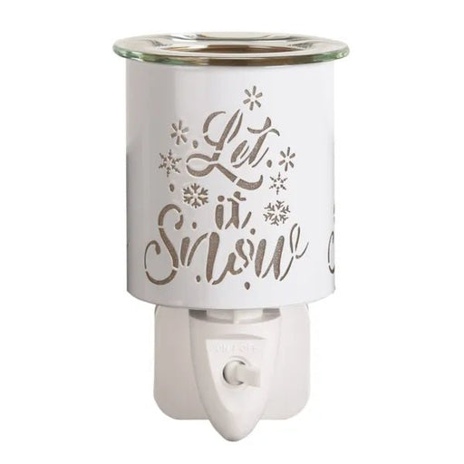 Plug-in Let It Snow silhouette wax melt burner in white and gold, unlit, 13cm