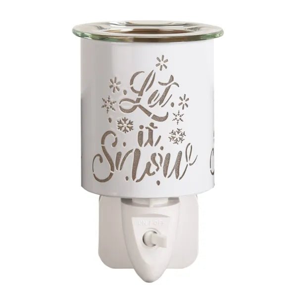 Plug-in Let It Snow silhouette wax melt burner in white and gold, unlit, 13cm