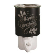 Plug-in “Merry Christmas” silhouette wax melt burner in black and gold, unlit, 13cm
