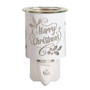 Plug-in “Merry Christmas” silhouette wax melt burner in white and gold, unlit, 13cm