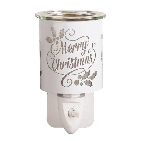 Plug-in “Merry Christmas” silhouette wax melt burner in white and gold, unlit, 13cm