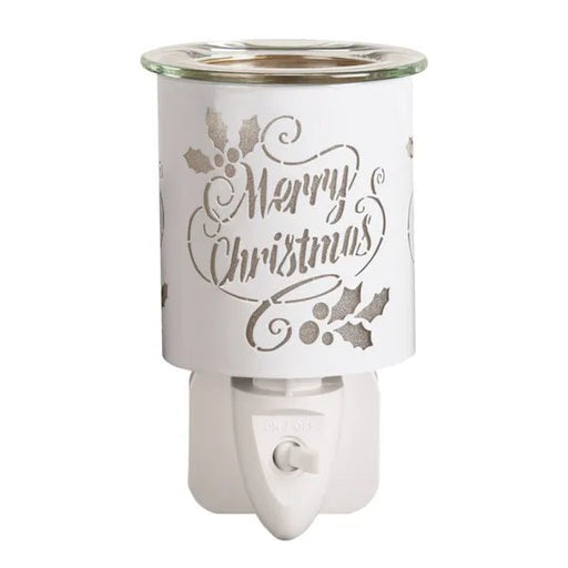 Plug-in “Merry Christmas” silhouette wax melt burner in white and gold, unlit, 13cm