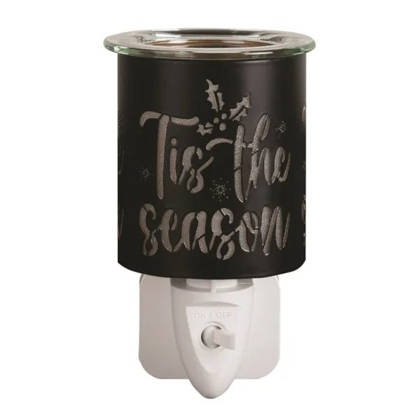 Plug-in ’Tis the Season silhouette wax melt burner in black and gold, unlit, 13cm