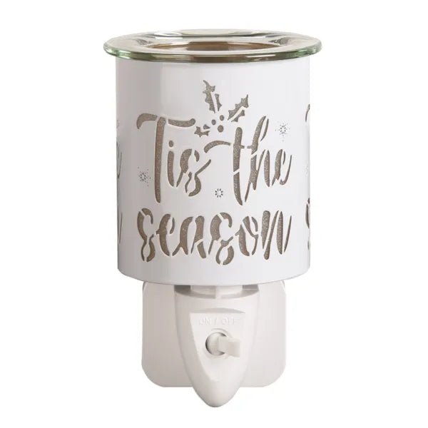 Plug-in ’Tis the Season silhouette wax melt burner in white and gold, unlit, 13cm