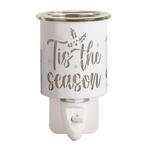 Plug-in ’Tis the Season silhouette wax melt burner in white and gold, unlit, 13cm