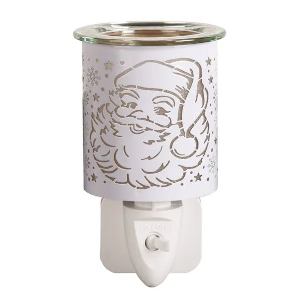 Plug-in Santa silhouette wax melt burner in white and gold, unlit, 13cm