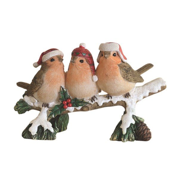 Three Christmas robins on a snowy log with holly and pinecone, 9x14cm

