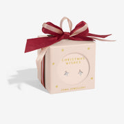 “Blush gift box with burgundy bow containing ‘Christmas Wishes’ starburst stud earrings”

