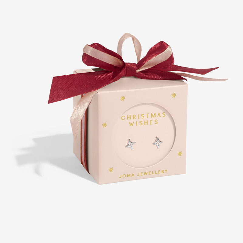 “Blush gift box with burgundy bow containing ‘Christmas Wishes’ starburst stud earrings”

