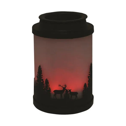 Cloudy Melter Deer wax melt burner lit with red LED glow and woodland silhouette

