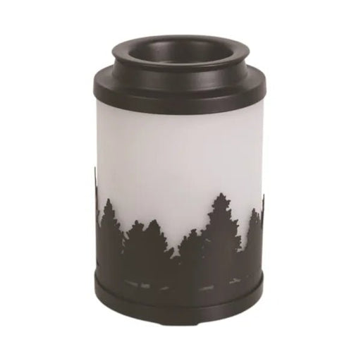 Cloudy Melter Forest electric burner unlit with dark pine silhouette on frosted glass


