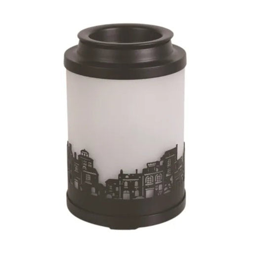 Unlit Cloudy Melter Roof Tops burner with black town silhouette on white frosted glass

