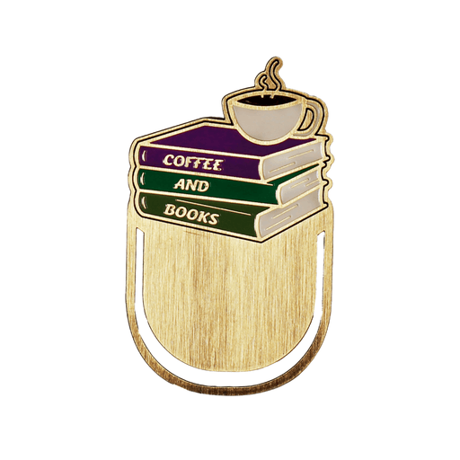 Close up of Coffee and Books enamel metal bookmark with stacked books and coffee cup