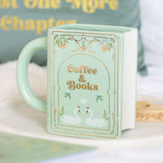 Green Coffee and Books book shaped mug for readers and coffee lovers