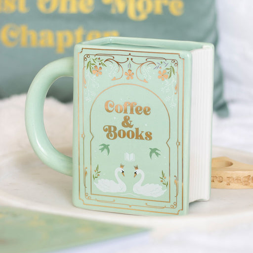 Green Coffee and Books book shaped mug for readers and coffee lovers