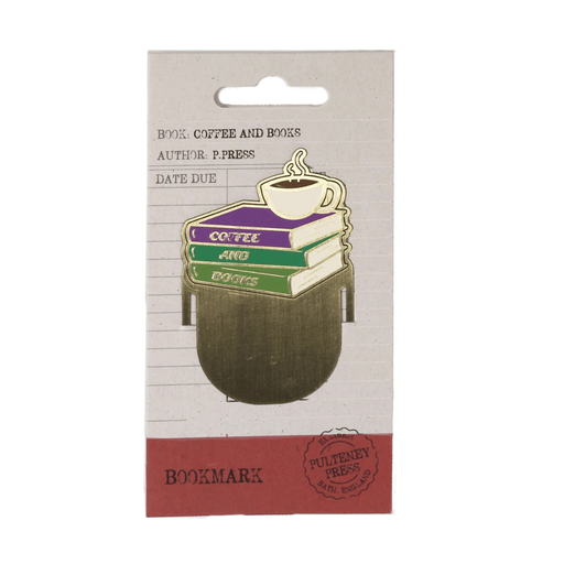 Coffee and Books metal bookmark displayed on Pulteney Press backing card