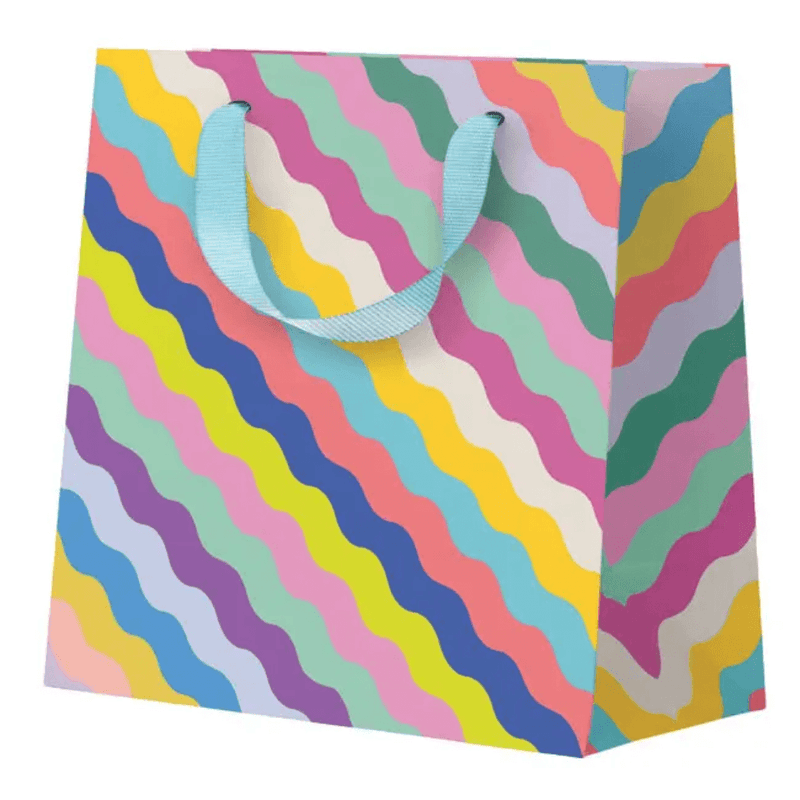 Colourful wavy pattern mini gift bag by Ohh Deer with blue ribbon handles