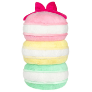Rear view of the Comfort Food Macarons plush toy showing the stacked pastel macarons and pink bow