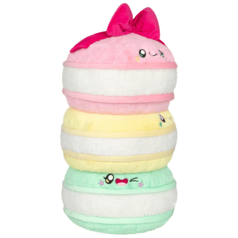 Side view of the Comfort Food Macarons plush toy showing the stacked macaron design