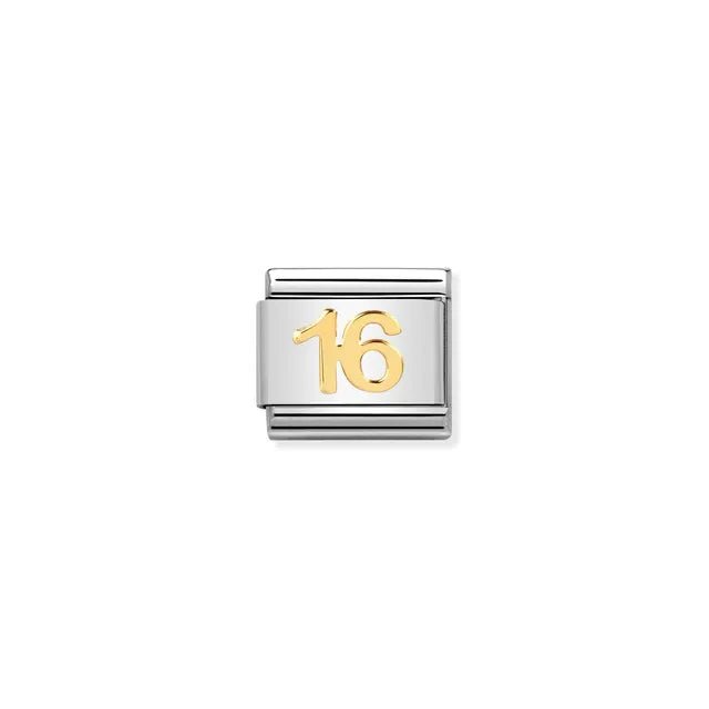 Nomination Classic Link with yellow-gold number 16 on stainless steel