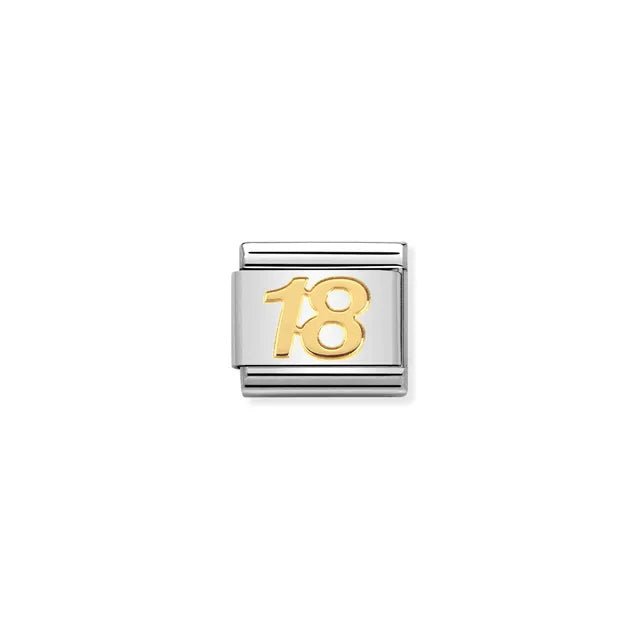 Nomination Classic Link with yellow-gold number 18 on stainless steel
