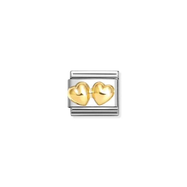 Nomination Classic Link with raised double hearts in yellow gold on stainless steel