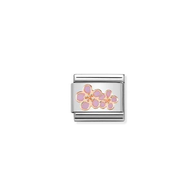 Nomination Classic Link with rose-gold peach blossom and pink enamel on stainless steel