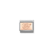 Nomination Classic Link with rose-gold ‘I Love Travel’ heart and plane on stainless steel