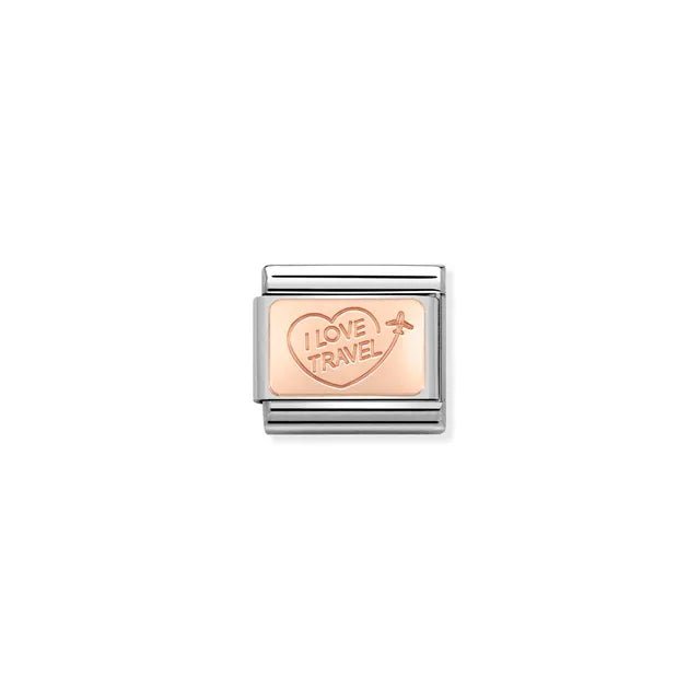 Nomination Classic Link with rose-gold ‘I Love Travel’ heart and plane on stainless steel
