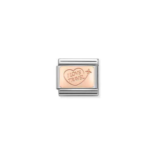Nomination Classic Link with rose-gold ‘I Love Travel’ heart and plane on stainless steel