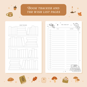 Book tracker and TBR wish list pages inside the Cosy Season Reading Journal