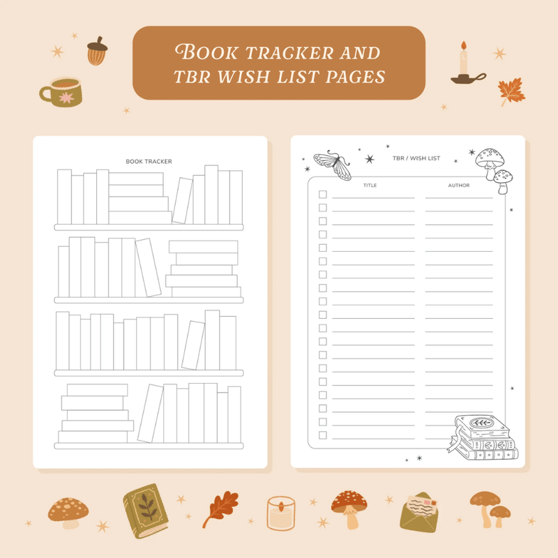 Book tracker and TBR wish list pages inside the Cosy Season Reading Journal
