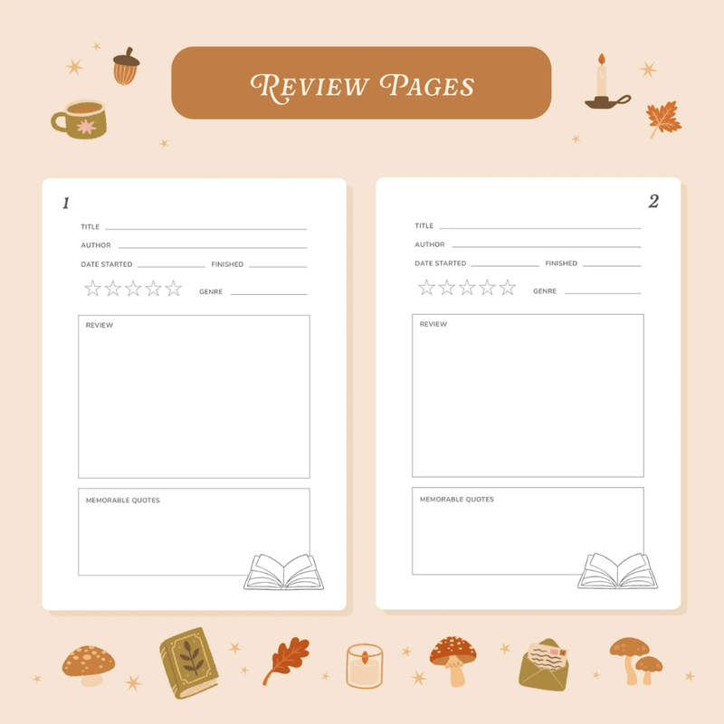 Guided review pages inside the Cosy Season Reading Journal