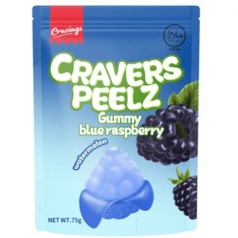 Cravers Peelz Gummy Blue Raspberry 75g peelable gummy sweets front of pack