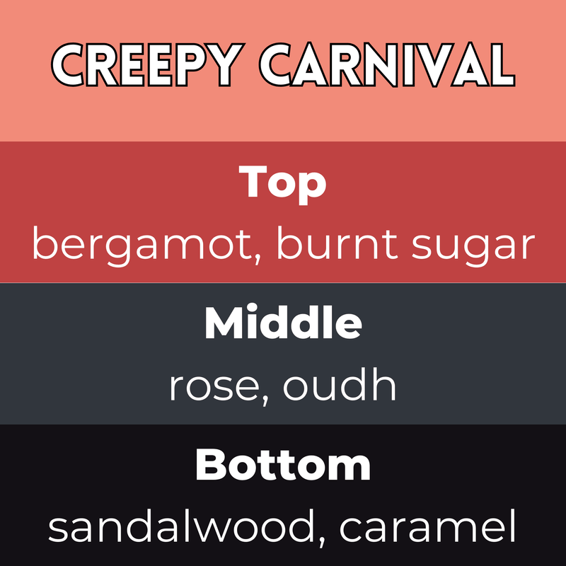 Creepy Carnival scent card with wax melt fragrance details and themed background
