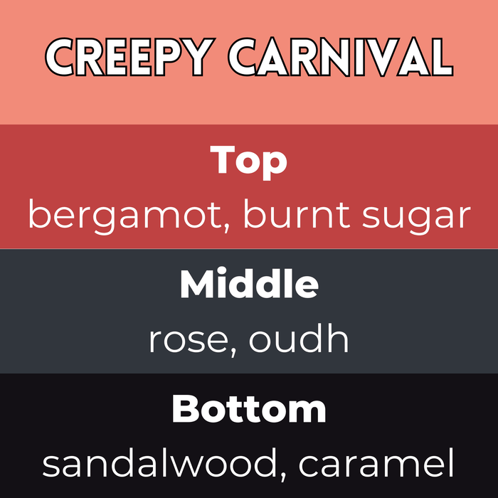 Creepy Carnival scent card with wax melt fragrance details and themed background