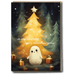 Cute ghost Christmas card with glowing tree and presents, joking about oversleeping Christmas.