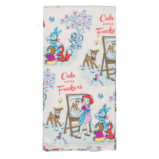 Cute Little Fuckers funny tea towel folded, vintage-style cartoon print on 100% cotton.
