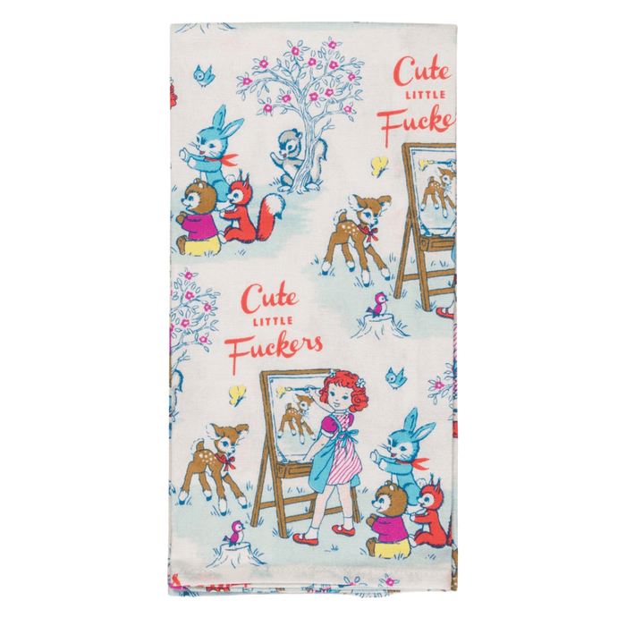 Cute Little Fuckers funny tea towel folded, vintage-style cartoon print on 100% cotton.