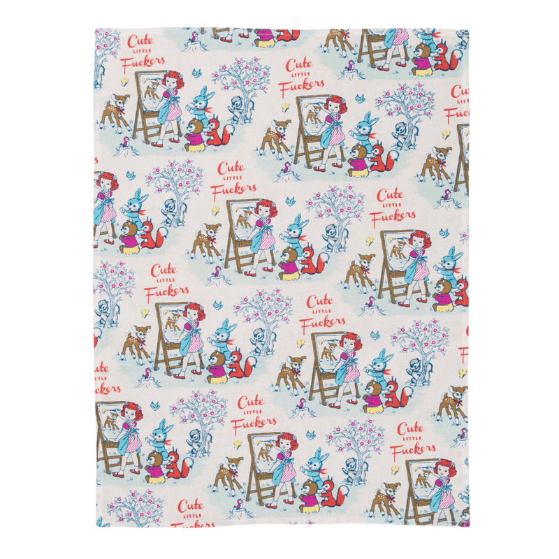 Cute Little Fuckers rude tea towel full view, retro storybook pattern on white cotton.