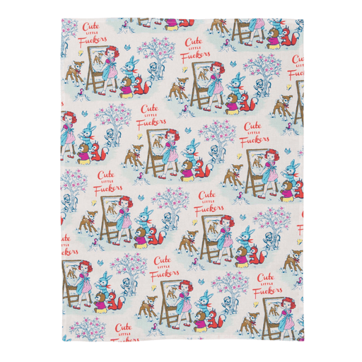Cute Little Fuckers rude tea towel full view, retro storybook pattern on white cotton.