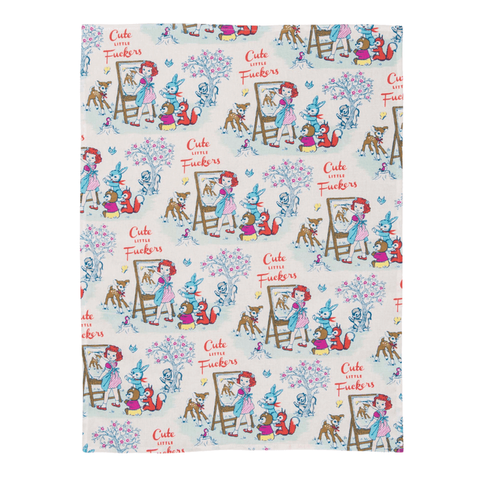 Cute Little Fuckers rude tea towel full view, retro storybook pattern on white cotton.