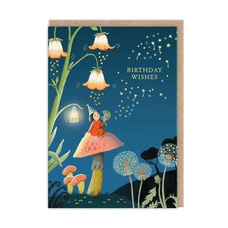 Dandelion Night birthday card by Joo Joo Paper with mushrooms, flowers and Birthday Wishes design